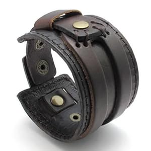 KONOV Jewelry Wide Genuine Leather Mens Bangle Cuff Bracelet, Punk Rock Style, Fits 7.5