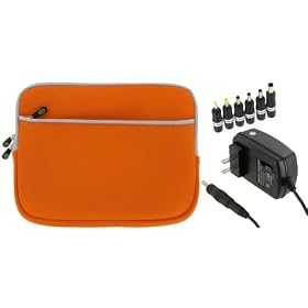 2n1 Combo - Acer AOD250-1584 10.1-Inch Netbook Neoprene Sleeve SlipCase and 12v Car Charger (Invisible Zipper Dual-Pocket - Orange)