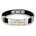 Stainless Steel and Black Rubber Bracelet With Gold Plated Cross