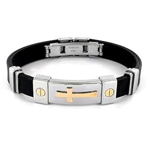 Stainless Steel and Black Rubber Bracelet With Gold Plated Cross