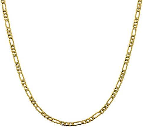 Folks Gold Chain Necklace 18K Gold Overlay USA Made 30x STRONGER than plated, LIFE TIME WARRANTY, Tarnish Resistant Diamond Cut Figaro 3x1 80 gauge 3MM width thick in All Sizes Gold pendant necklace, Men & Women Diamond Cut Figaro 3x1 chain, Lobster Clasp, Look of Solid Gold. (24)