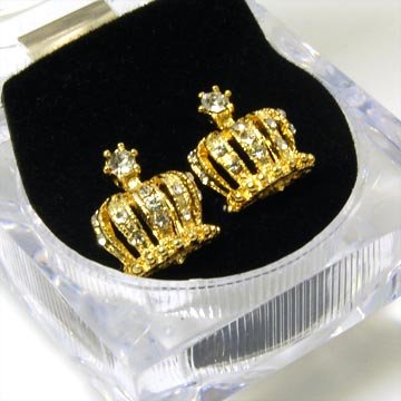 Gorgeous Gift Boxed Crystal Crown with Point Stud Earrings in ICE CUBE Box Gold Tone