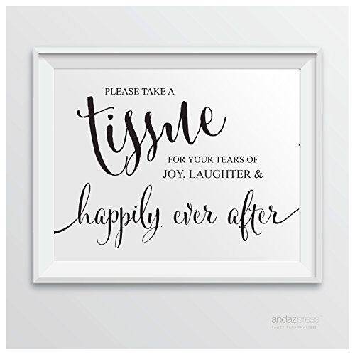 Andaz Press Wedding Party Signs, Formal Black and White, 8.5-inch x 11-inch, Please Take A Tissue for your Tears of Joy, Laughter and Happily Ever After, 1-Pack, Kleenex Ceremony Sign