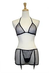Exposed by Magic Silk Fishnet  Bra/Garter Skort/G-String Set, Lrg/Xl, Black