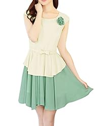 Two-Toned Round Neck Above the Knee  Belted Stretchy  Elasticized   Waistline Sleeveless Chiffon  Dress With a Bow(s) and Ruffles