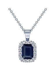 14K White Gold Emerald Cut Blue Sapphire And Round Diamond Pendant