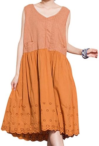 Artcar 2015 Summer Sleeveless Pleated Pocket Linen Long Casual Dress Apricot