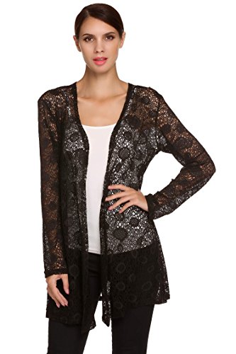 Meaneor Women's Long Sleeve Lace Crochet Knitted Sheer V Neck Waterfall Cardigan