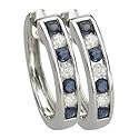 14K White Gold Channel Set Round Sapphire & Diamond Hoop Earrings