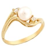10k Solid Yellow Gold Freshwater Pearl & CZ Swirl Promise Ring