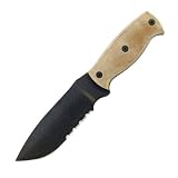 Ontario Knife Ranger Afghan Series, Fixed Blade Knife with 5.0 Black Powder Coated 1/2 Serrated Steel Blade, & Tan Micarta Handle, Overall Length 10.0.