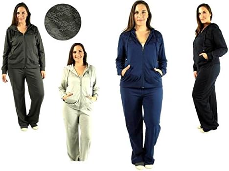 2 Piece PLUS SIZE Womens Velour JOGGING set Hoodie winter Track Suit W/ LACE
