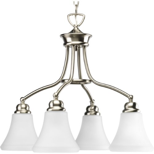 Progress Lighting P4482-09 4-Light Chandelier with Modern Trumpet Glass Shades and Curved Arms Held By A Center Ring, Brushed Nickel