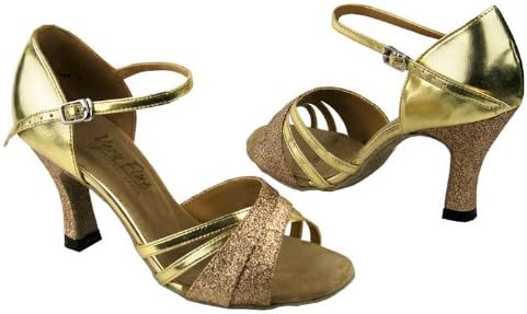 Women's Salsa Ballroom Tango Latin Dance Shoes Style 6030 Bundle with Plastic Dance Shoe Heel Protectors, Gold Leather 9 M US Heel 2.5 Inch