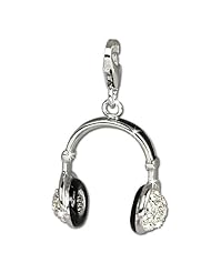 SilberDream Charm black enameled headphone with white Zirconia, 925 Sterling Silver Charms Pendant with Lobster Clasp for Charms Bracelet, Necklace or Earring FC658