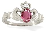14K White Gold Genuine Oval Pink Tourmaline and Diamond Celtic Claddagh Ring