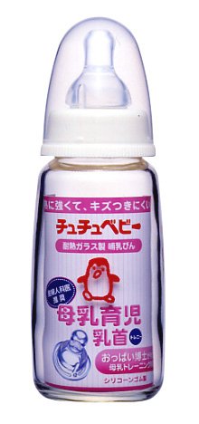 チュチュベビー 耐熱ガラス製 哺乳びん シリコーンゴム製 母乳育児乳首付 150ml