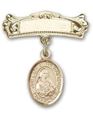 Gold Filled Baby Badge with Our Lady of the Railroad Charm and Arched Polished Badge Pin