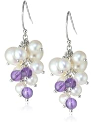 Round Amethyst Bead and White Potato Freshwater Cultured Pearl Cluster Sterling Silver Ear Wire Drop Earrings