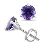 18k White Gold 3 Prong Natural Amethyst Stud Earrings, 1.50 cttw,Certificate of Authenticity, Screw Backs
