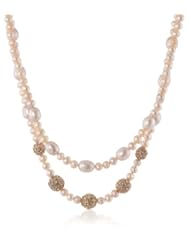 2 Row Pink Potato and Rice Freshwater Cultured Pearls with Cubic-Zirconia Pave Accents Necklace, 17"