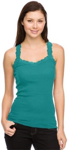 Women's Lace Trim 100% Cotton Ribbed Racerback Tank Top TEAL S