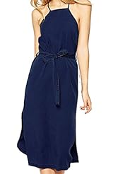 Spring Summer Winter Halter Sleeveless Belted Denim/Polyester/Spandex Midi Dress 
