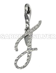 Sterling Silver Script Initial Letter J Alphabet Charm Diamond Cut Finish and Lobster Lock Clasp, 3/4 inch