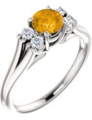 18K White Gold 5.00mm Round Cut Citrine and Diamond Ring -- LIFETIME WARRANTY