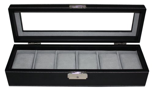 6 PIECE BLACK LEATHERETTE MEN'S WATCH DISPLAY ORGANIZER STORAGE CASE FOR WATCHES