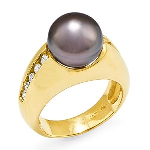 Tahitian Black Pearl Ring with Diamonds in 14K Yellow Gold by
