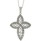 10ct White Gold 18 Thin Chain & 1 1/8 (29mm) tall Swirl Cross Pendant, w/ 0.25 Carat Brilliant Cut Diamonds