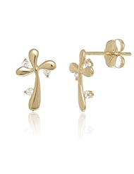 14K Yellow Gold Baby CZ Cross Earrings