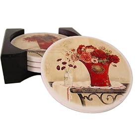 Red Flower Vase Absorbent Stone Ceramic Coasters in Wood Holder, Wine and Food Themes by CE