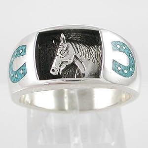 Southwestern Style Three Dimensional Horse Ring in Sterling Silver with Turquoise Horseshoe Chip Inlay Design for Men or Women, size 5, 6, 7, 8, 9, 10, 11, 12, 13, 14, and 15, #11109