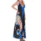 Peacock Colorful Black Long Silky Halter Dress