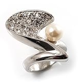 Crystal Curve Faux Pearl Rhodium Plated Ring