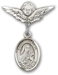 Sterling Silver Baby Badge with St. Therese of Lisieux Charm and Angel with Wings Badge Pin