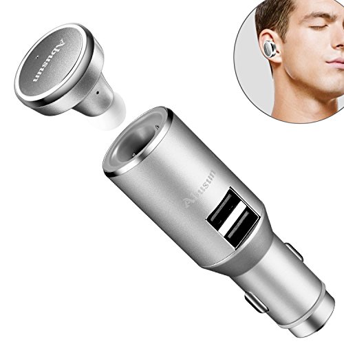AbusunÂ® 3 in 1 Dual USB Car Charger Wireless Bluetooth 4.1 Earphone Headset Auto Adapter with Heads-Free Headphone Earbuds with Built-in Mic for iPhone, iPad, iPod, Samsung, LG, HTC and More (Silver)