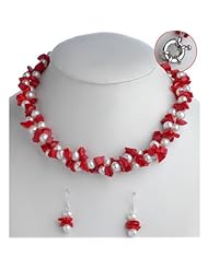 Hydia White Freshwater Pearls & Red Coral Necklace & Earrings Set 925 Sterling Silver