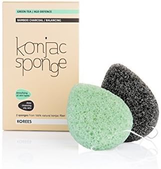 KOREES Konjac Facial Sponge, SET - 2 PACK, Bamboo Charcoal and Green Tea sponges