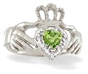 14K White Gold Genuine Heart Peridot and Diamond Celtic Claddagh Ring