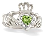 14K White Gold Genuine Heart Peridot and Diamond Celtic Claddagh Ring