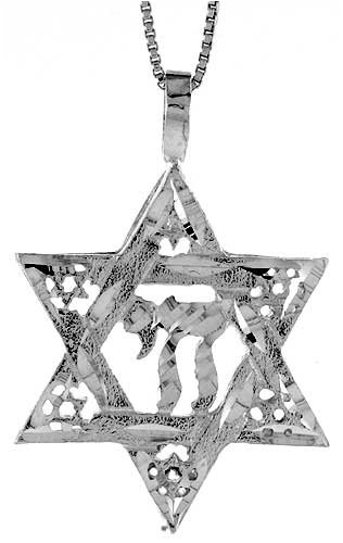 Sterling Silver 1 1/4 (32mm) Star of David with Chai Pendant
