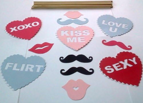 12 Piece DIY Valentine Heart Mustache Lip Photobooth Party Props Glue It Yourself - Moustache - Cut Outs - Die Cuts - Photo Props - Party Decorations - Photo Booths Props Made of Cardstock Paper