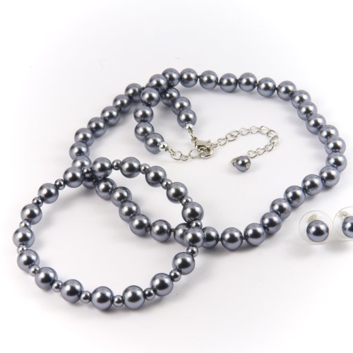 Platinum 8mm Glass Pearl Necklace, Bracelet and Earrings Set by Margot Townsend
