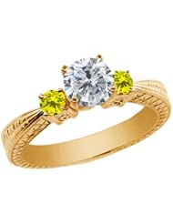 1.24 Ct Round H/I and Canary Diamond 18K Yellow Gold 3-Stone Ring