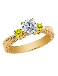 1.24 Ct Round H/I and Canary Diamond 18K Yellow Gold 3-Stone Ring