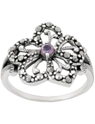 Sterling Silver Amethyst and Marcasite Filigree Flower Ring