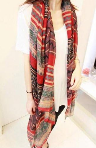 Ebuyingcity Red Women Lady Vintage Bohemian Tribal Lucky Pattern Soft Chiffon Scarf Large Beach Shawl for Women Lady Gril